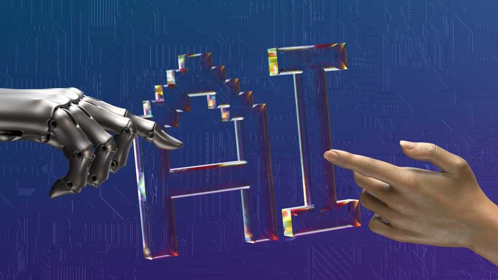 Robot hand en menselijke hand die AI letters aanraken
